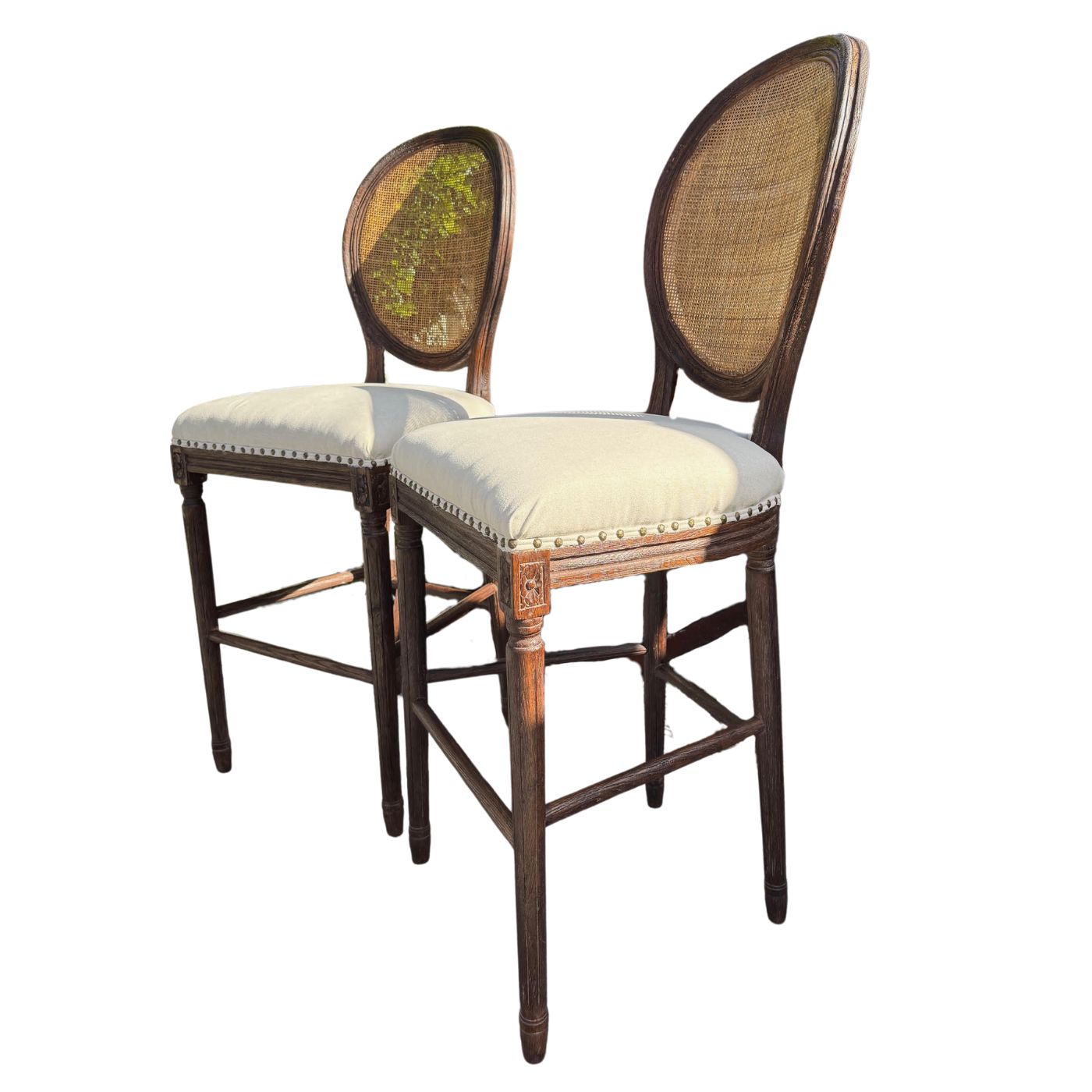 Cane Upholstered Stool, pair