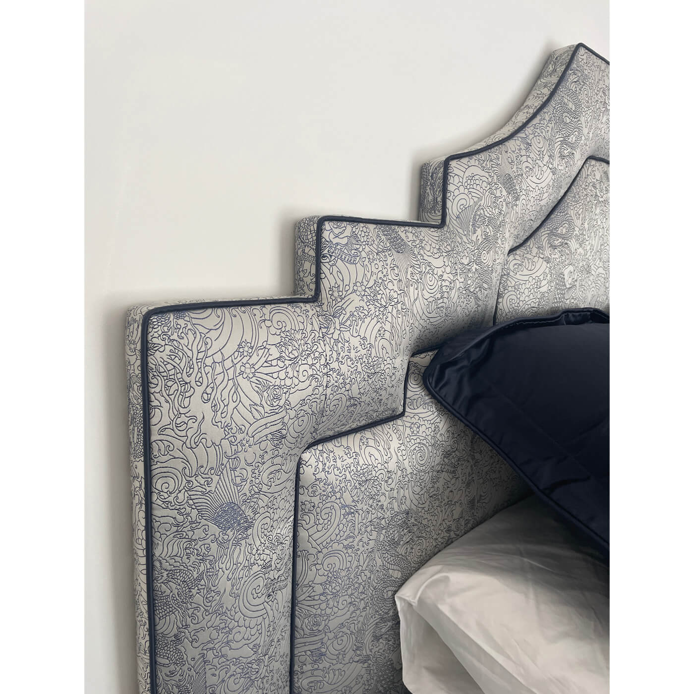 Gaultier Upholstered Queen bedhead, Silver and Blue