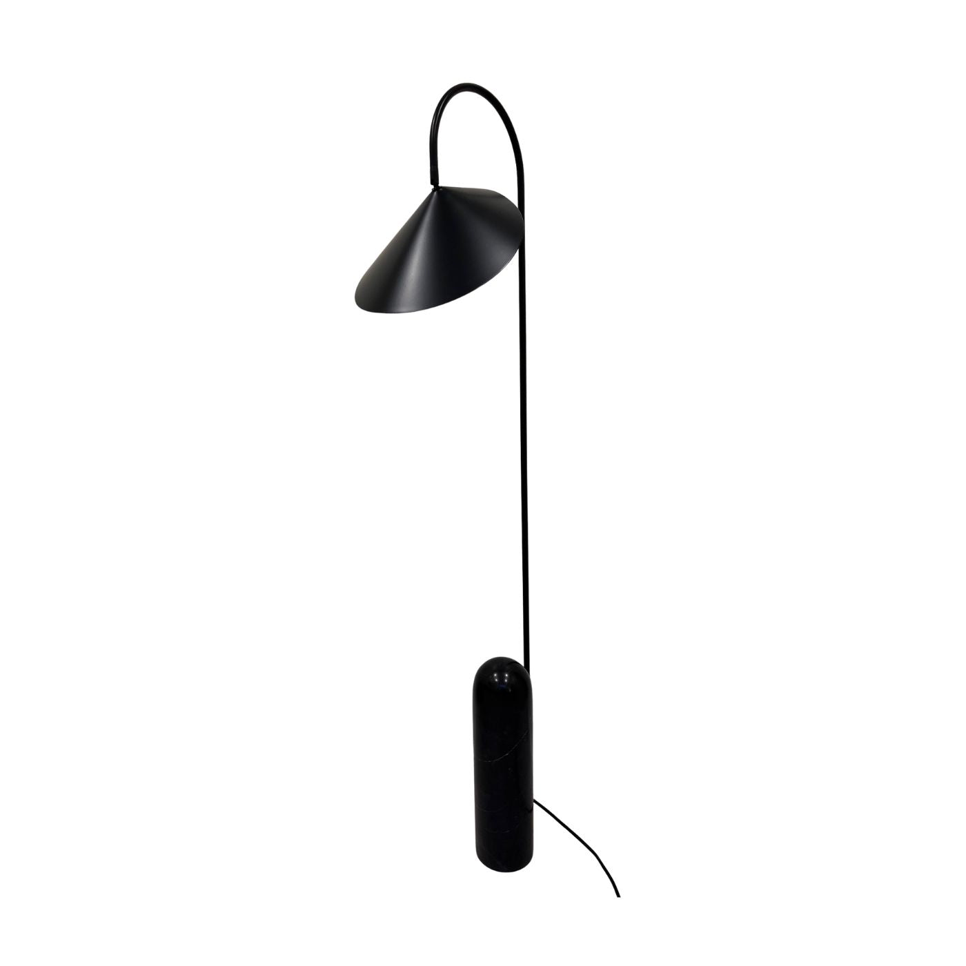 Black floor lamp with curved arm and adjustable head on a white background