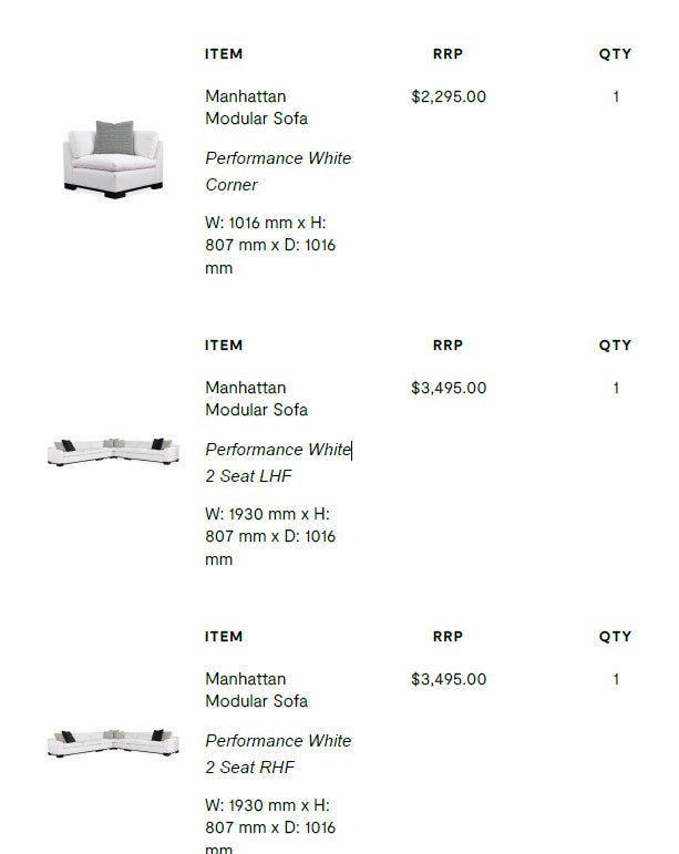 Product listing for Manhattan Modular Sofa with RRP and quantity details on a white background
