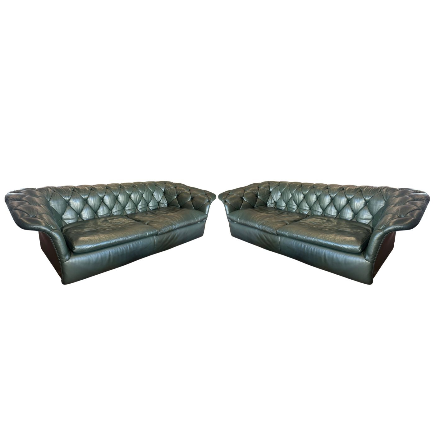 Moroso Bohemian Green Leather 3 Seat Sofa, Pair