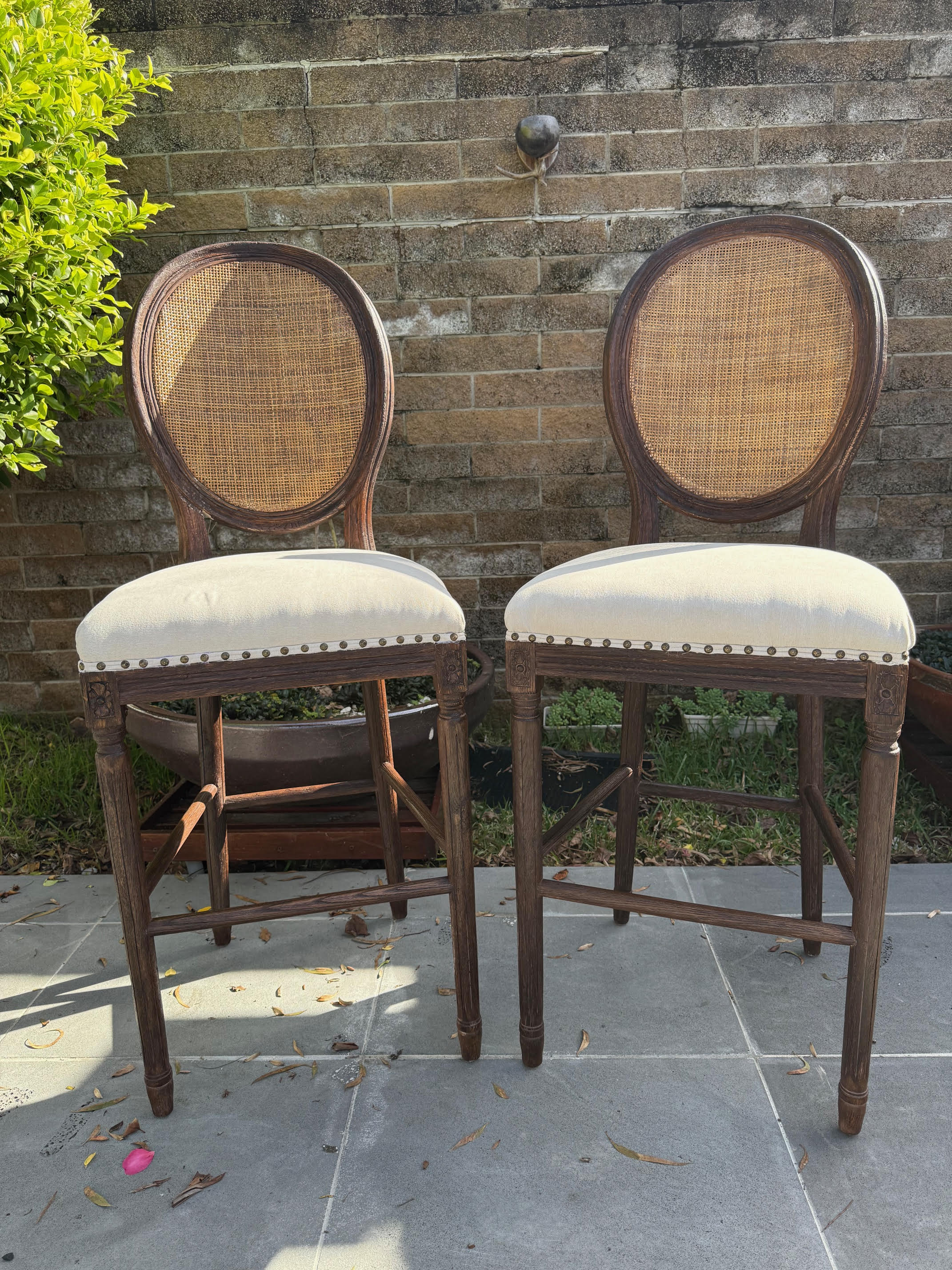 Cane Upholstered Stool, pair