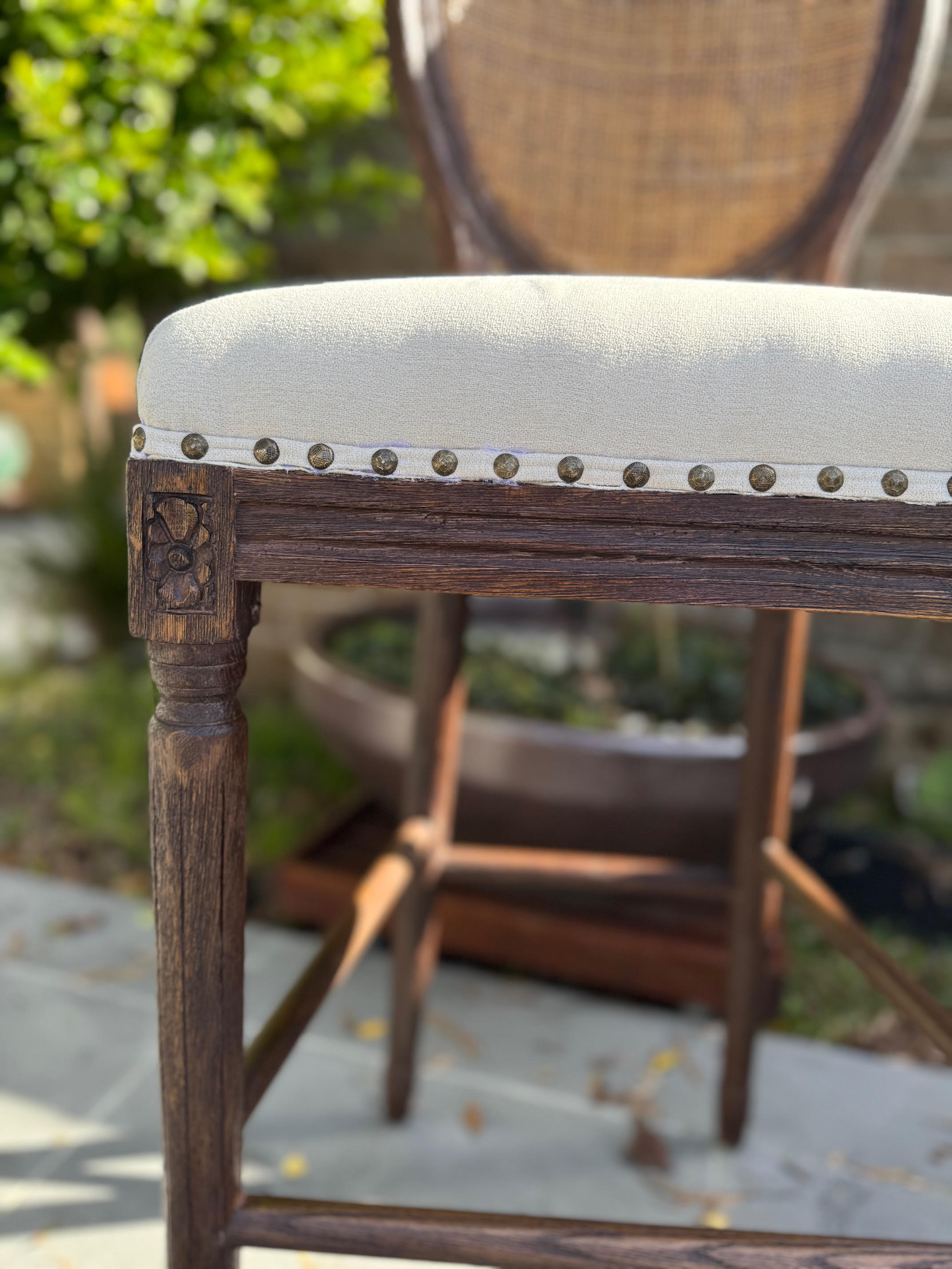 Cane Upholstered Stool, pair