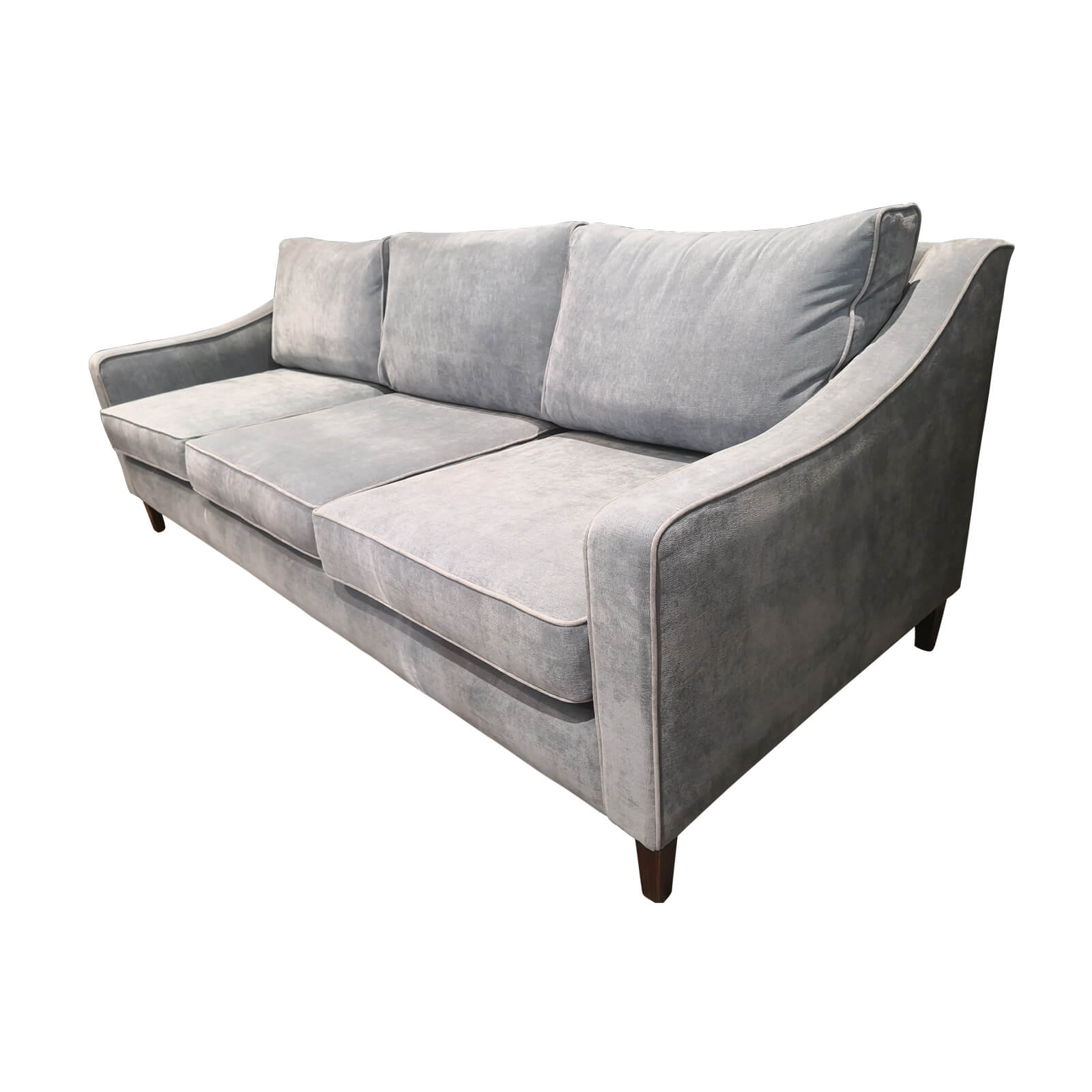 Two Design Lovers Coco Republic three seater grey sofa angle view