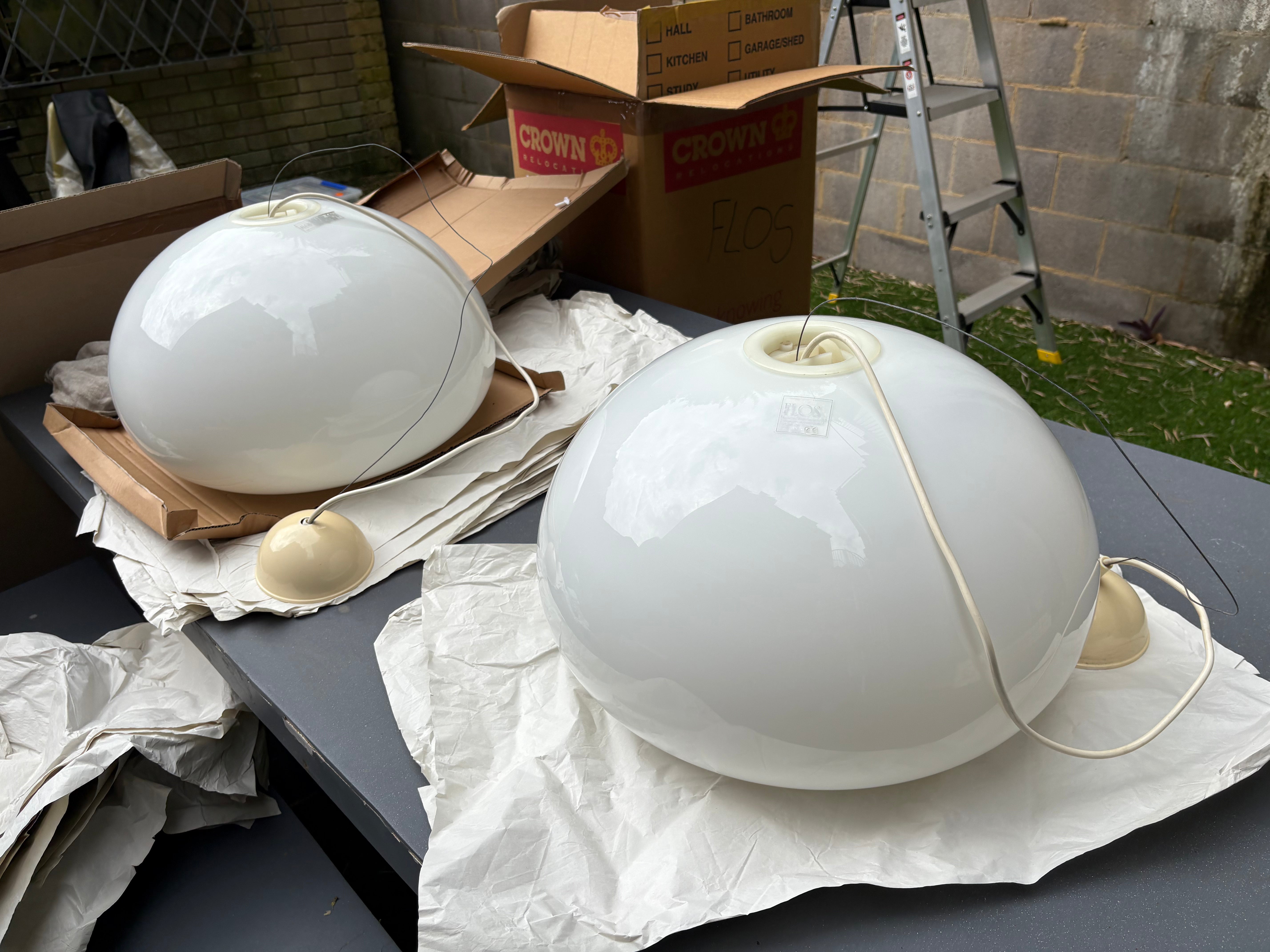 Flos Achille & Pier Giacomo Castiglioni Opaline Glass Pendant Lamp, 2 available