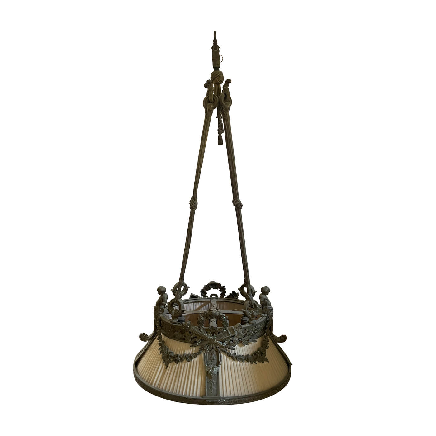 Antique French pendant light in cast metal with cherubs and vines