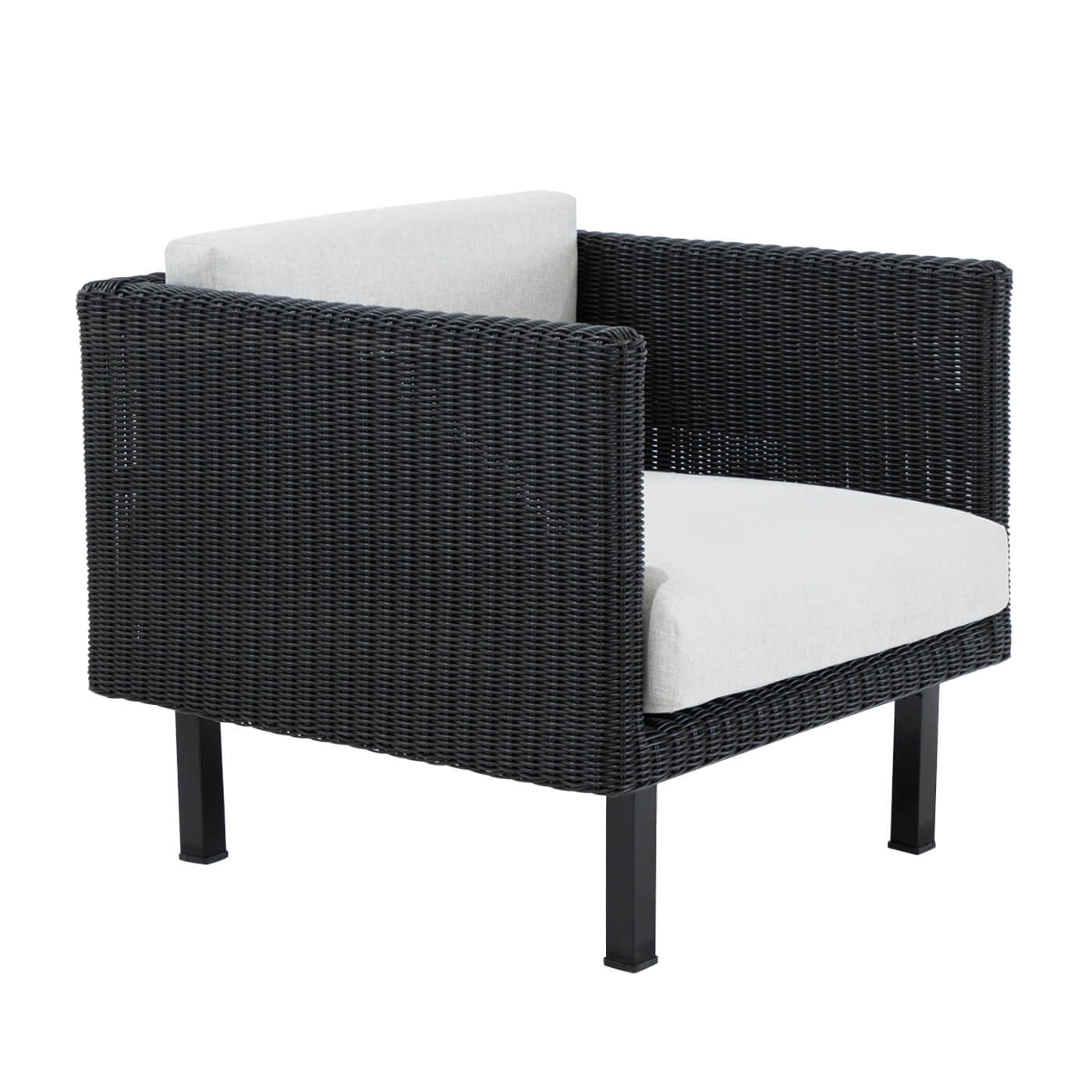 Outdoor living armchair in charcoal wicker with beige cushion