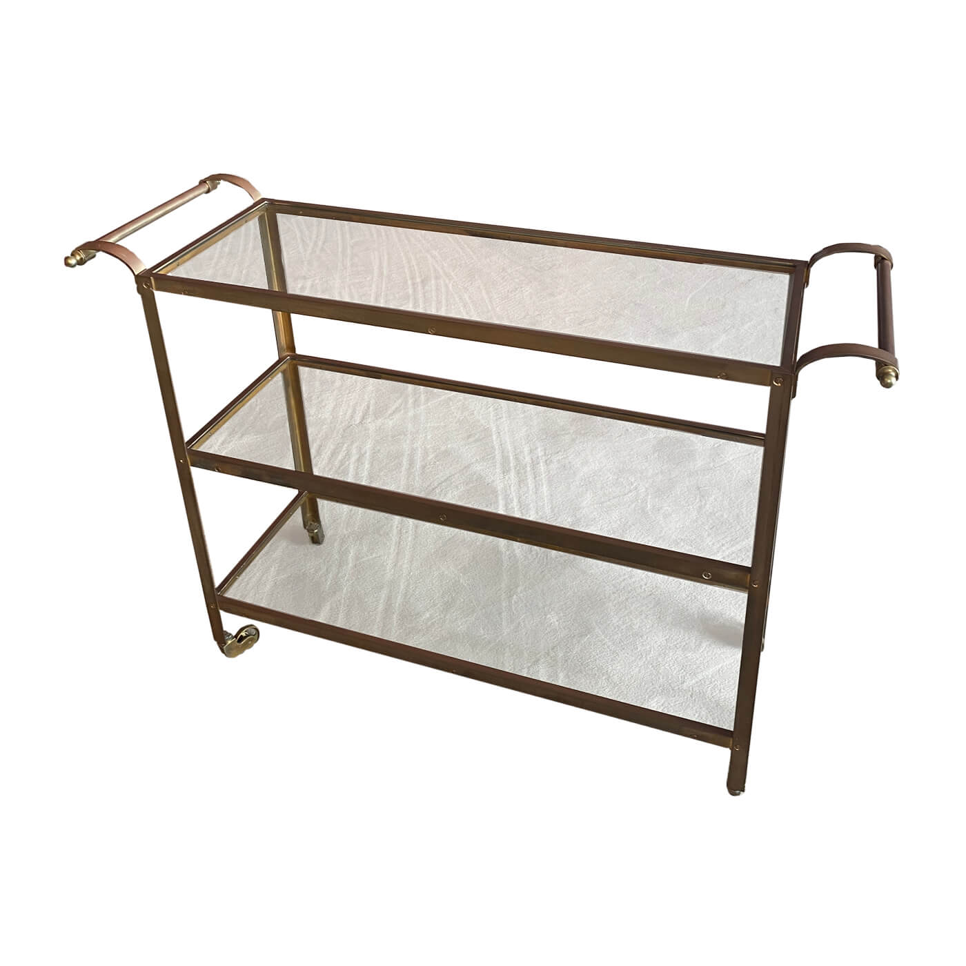 Brass bar cart with glass shelves