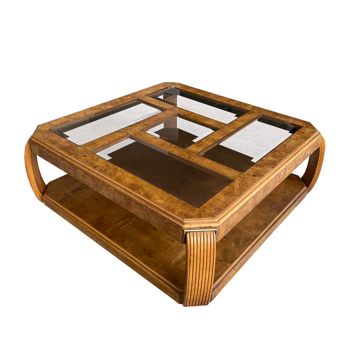 Art Deco style Burl Maple Coffee Table with glass inserts