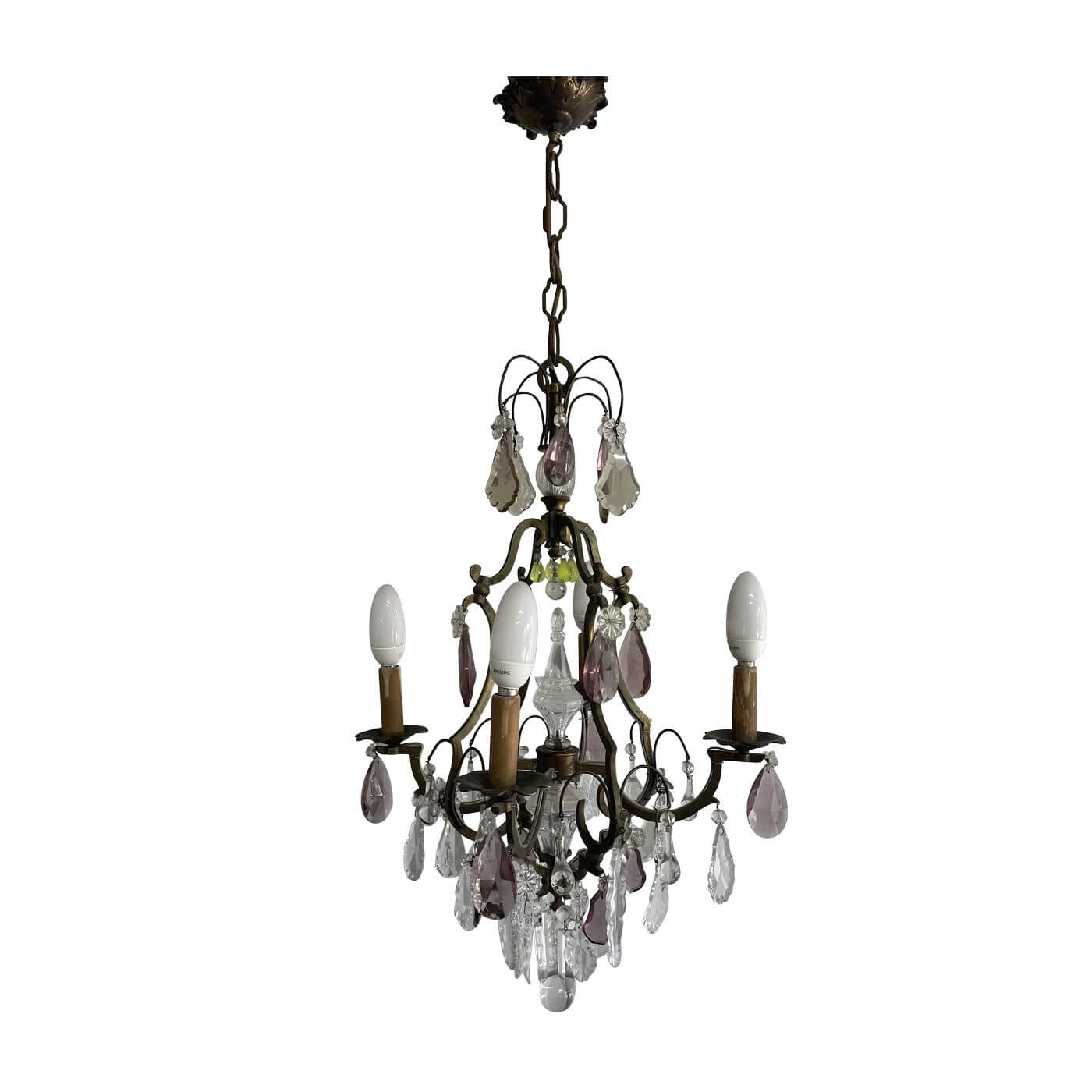 Antique French crystal chandelier with amethyst and green