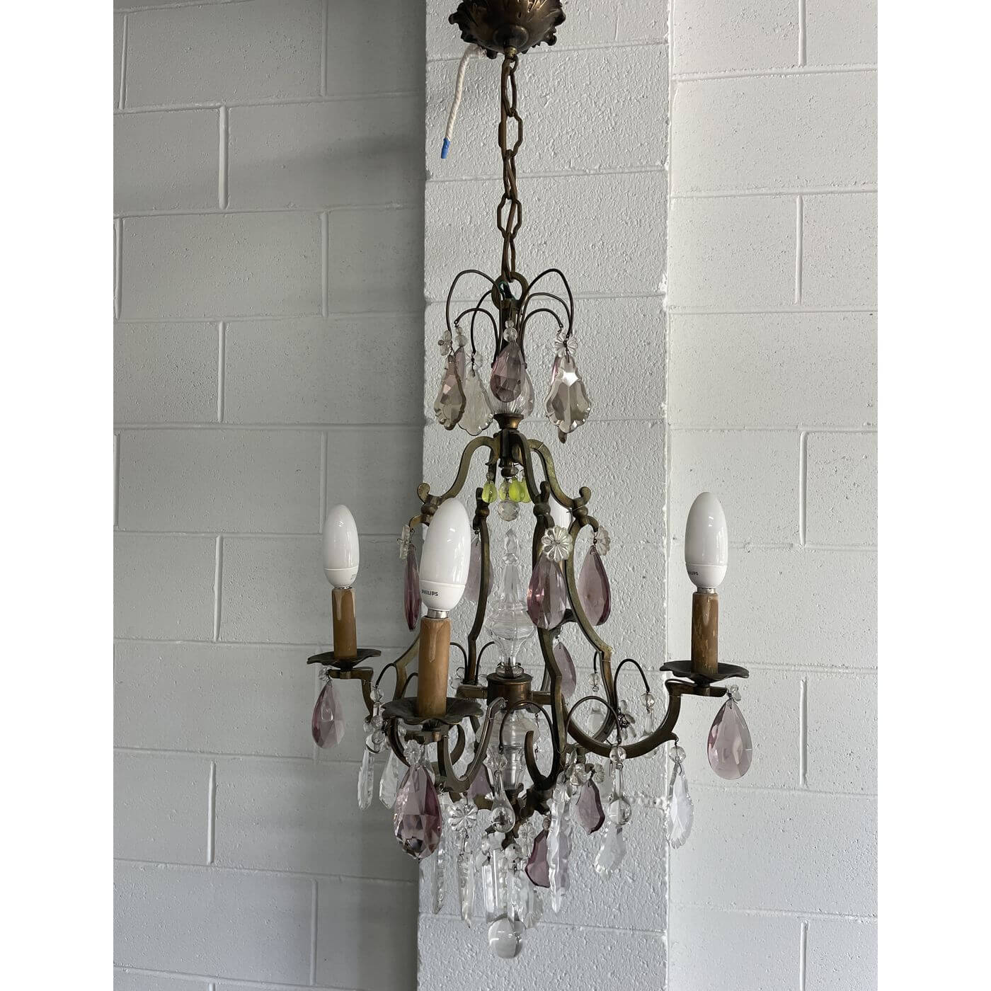 Antique French crystal chandelier with amethyst and green