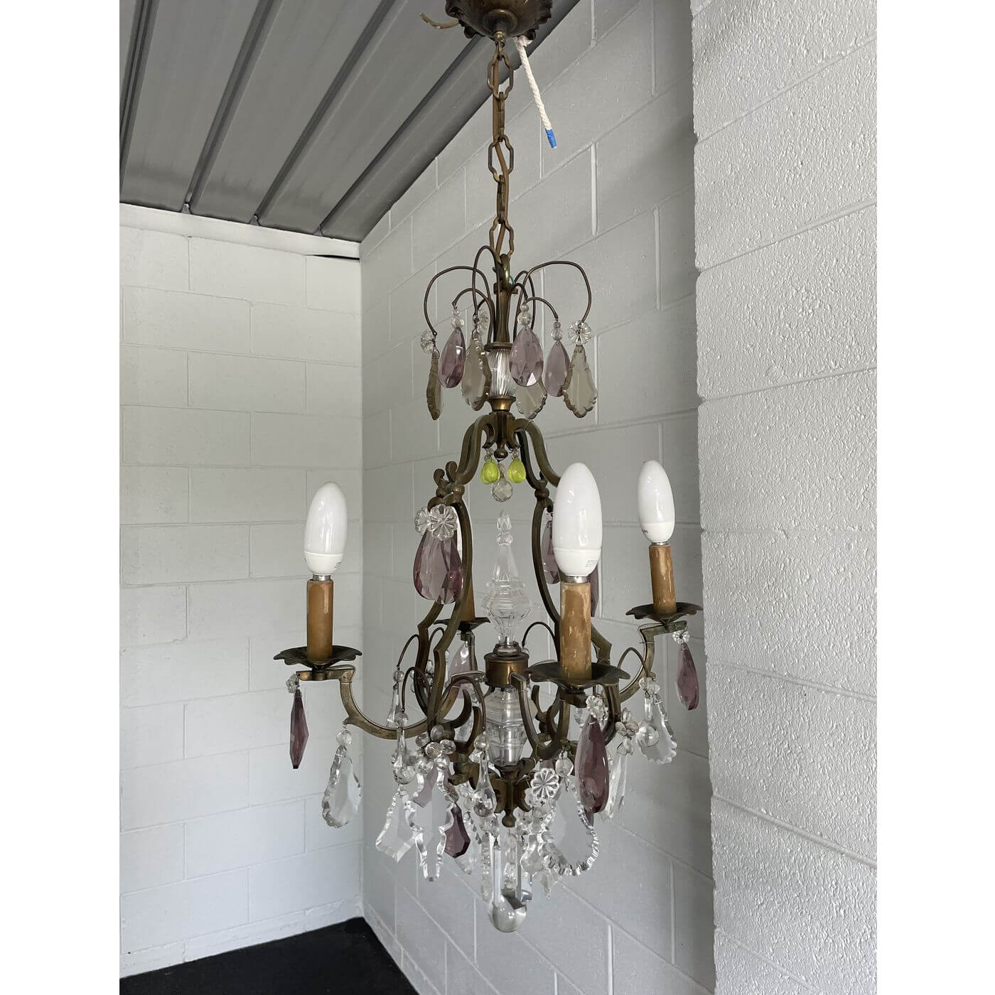 Antique French crystal chandelier with amethyst and green