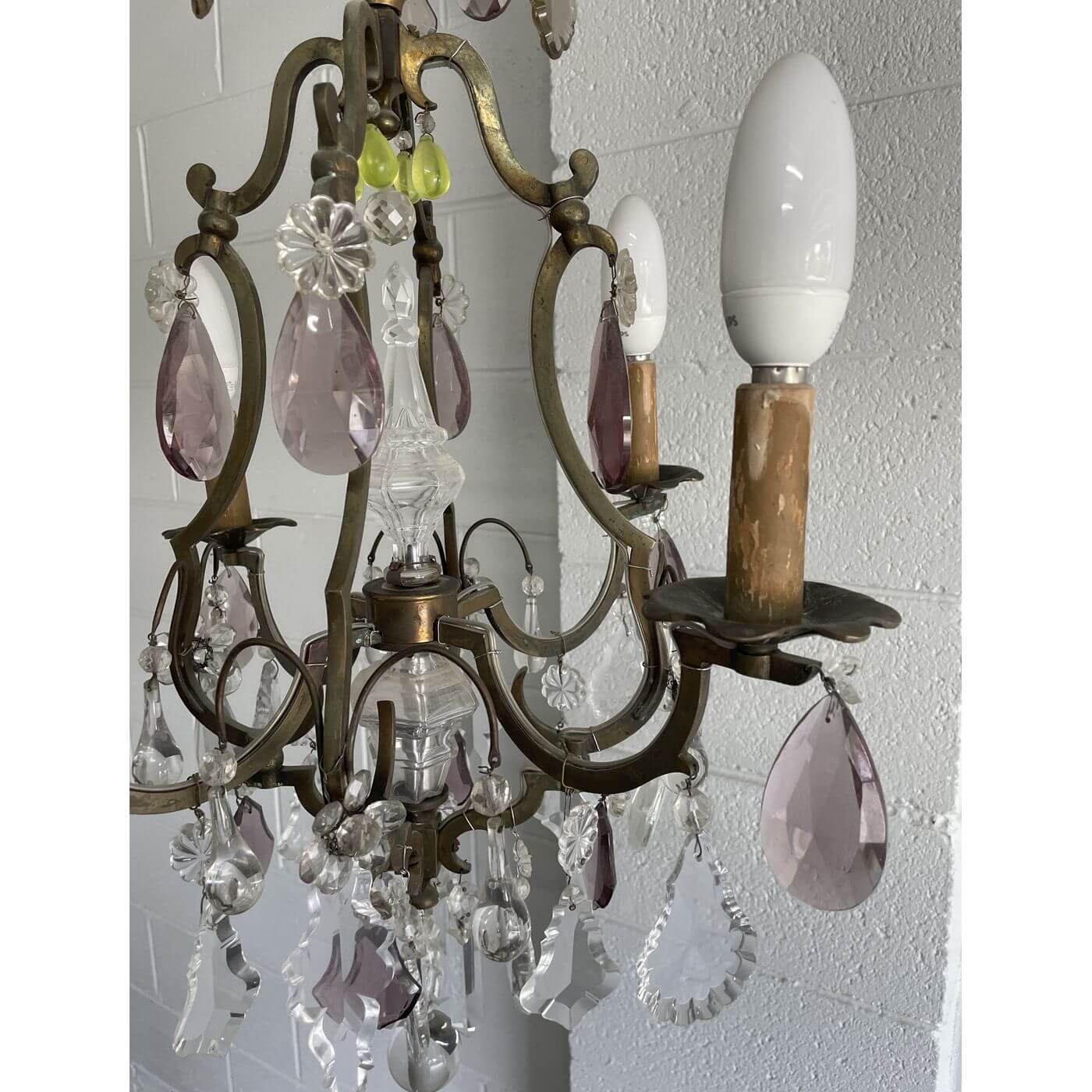 Antique French crystal chandelier with amethyst and green