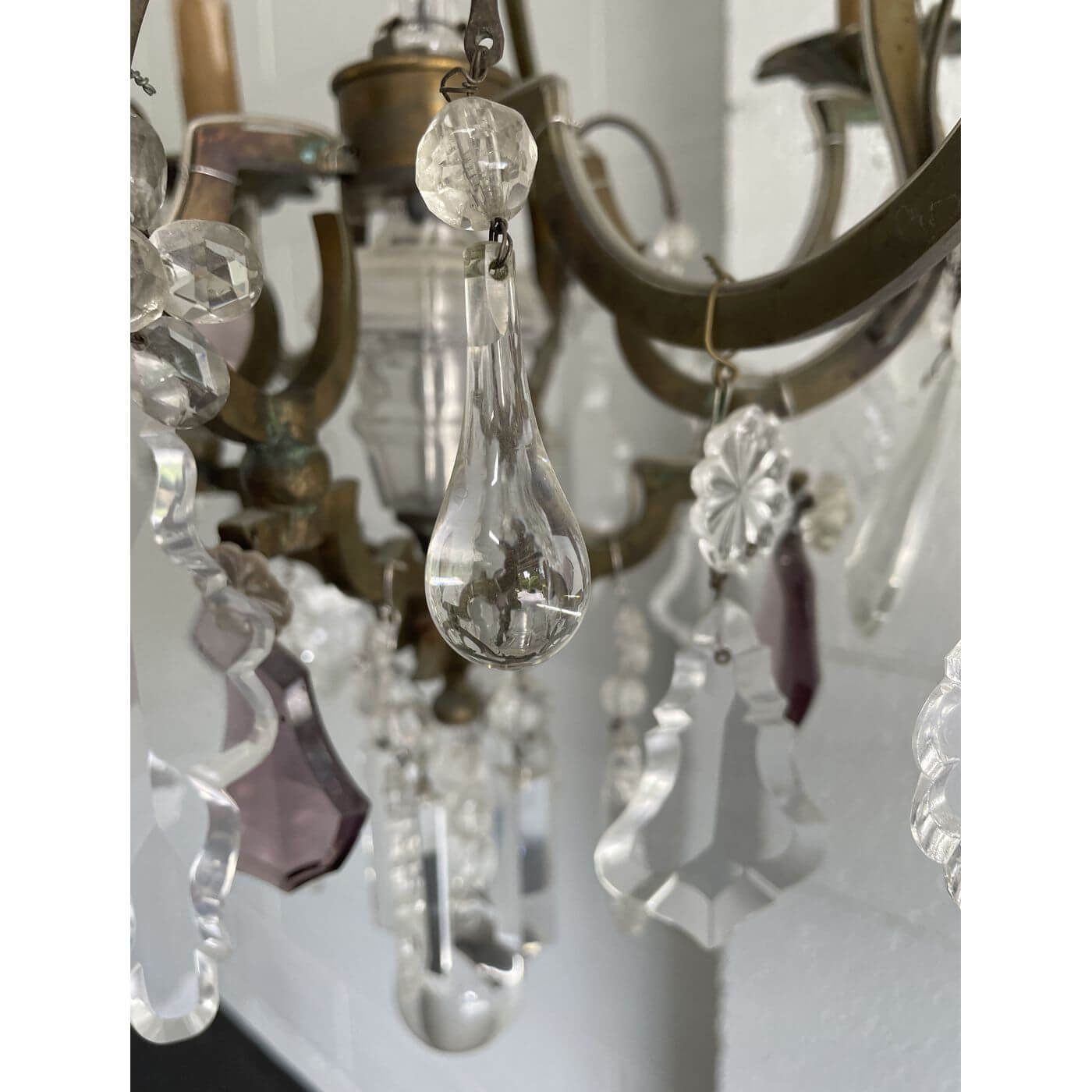 Antique French crystal chandelier with amethyst and green