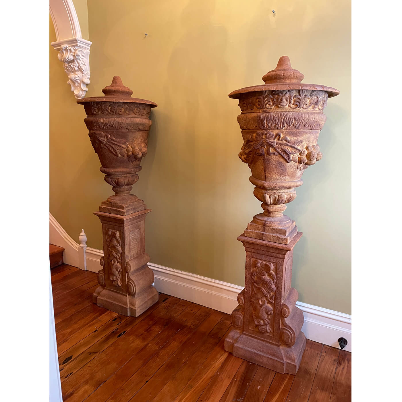 Large garden Urns with Plinths, pair