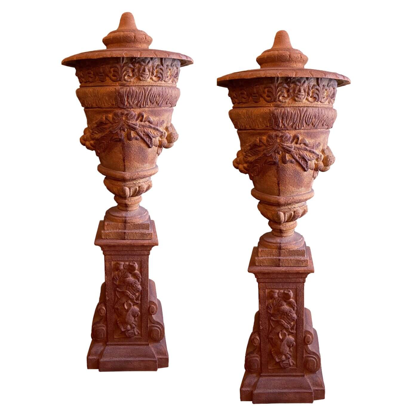 Large garden Urns with Plinths, pair