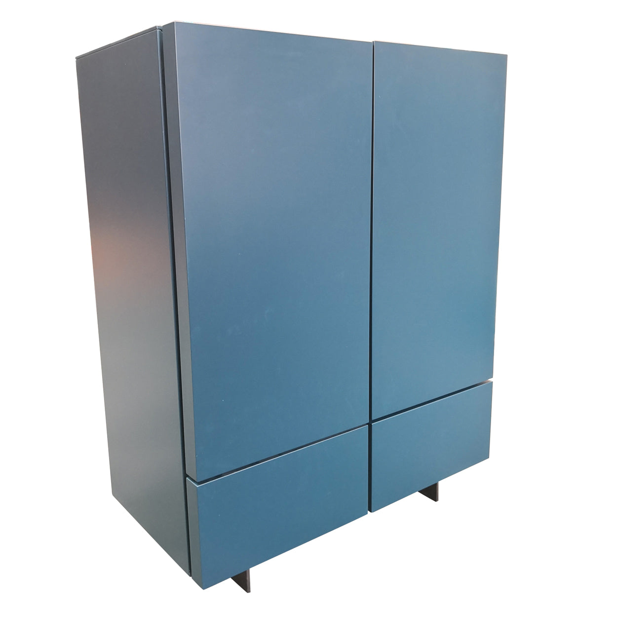 Two Design Lovers teal storage cabinet side angle view