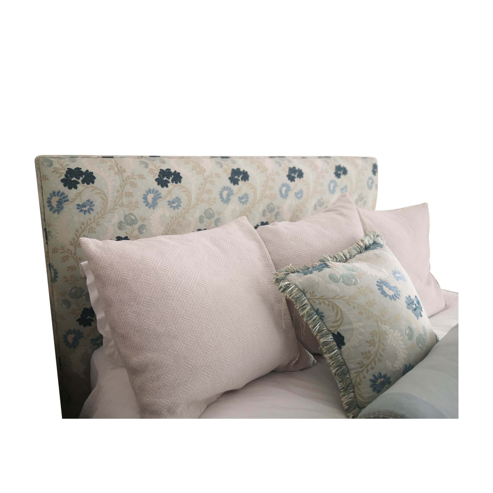 Custom Upholstered King Bedhead in Blue Jacquard Fabric