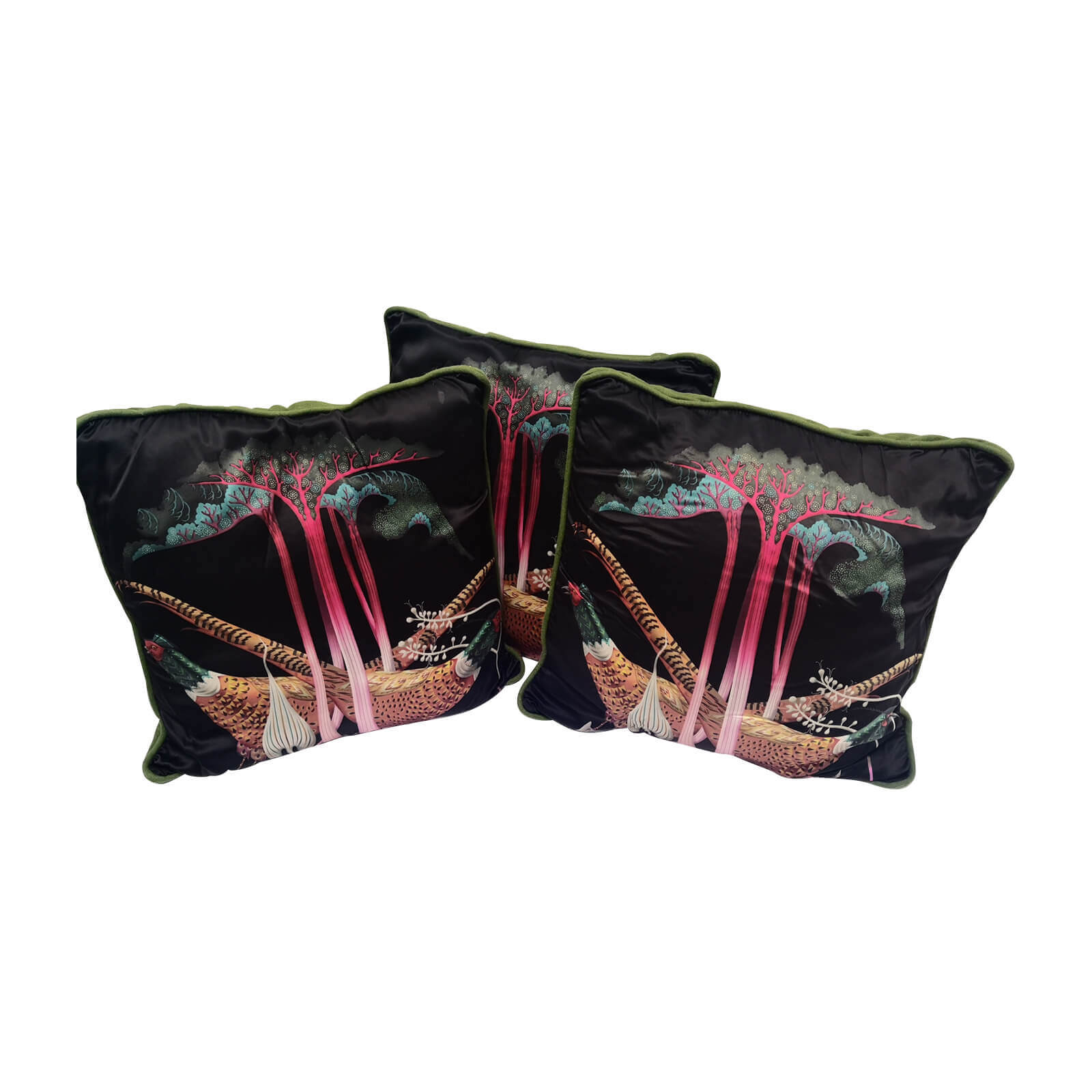 Bird Motif Black Silk Cushions set