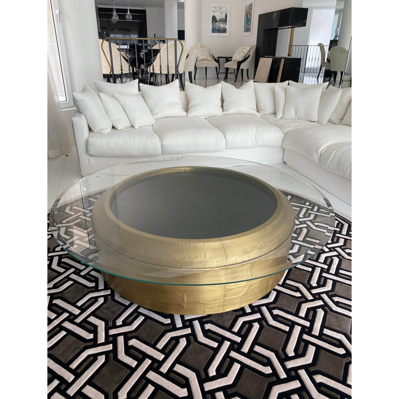 Gold Drum Coffee Table with Glass Top