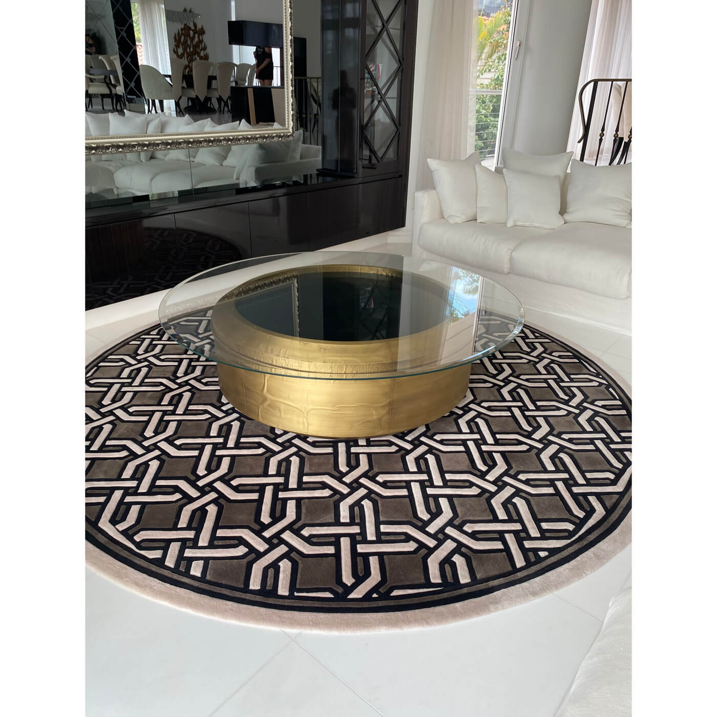 Gold Drum Coffee Table with Glass Top