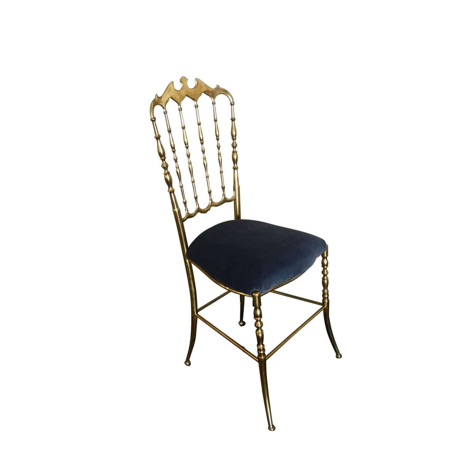 Brass chair with blue velvet seat