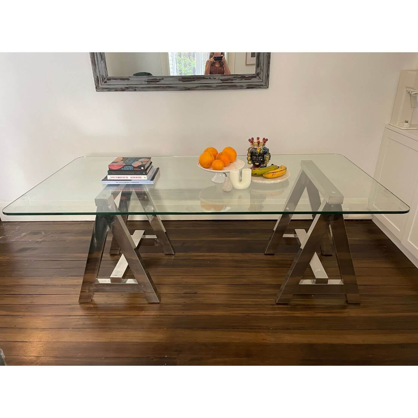 Chrome Trestle Table with Glass Top