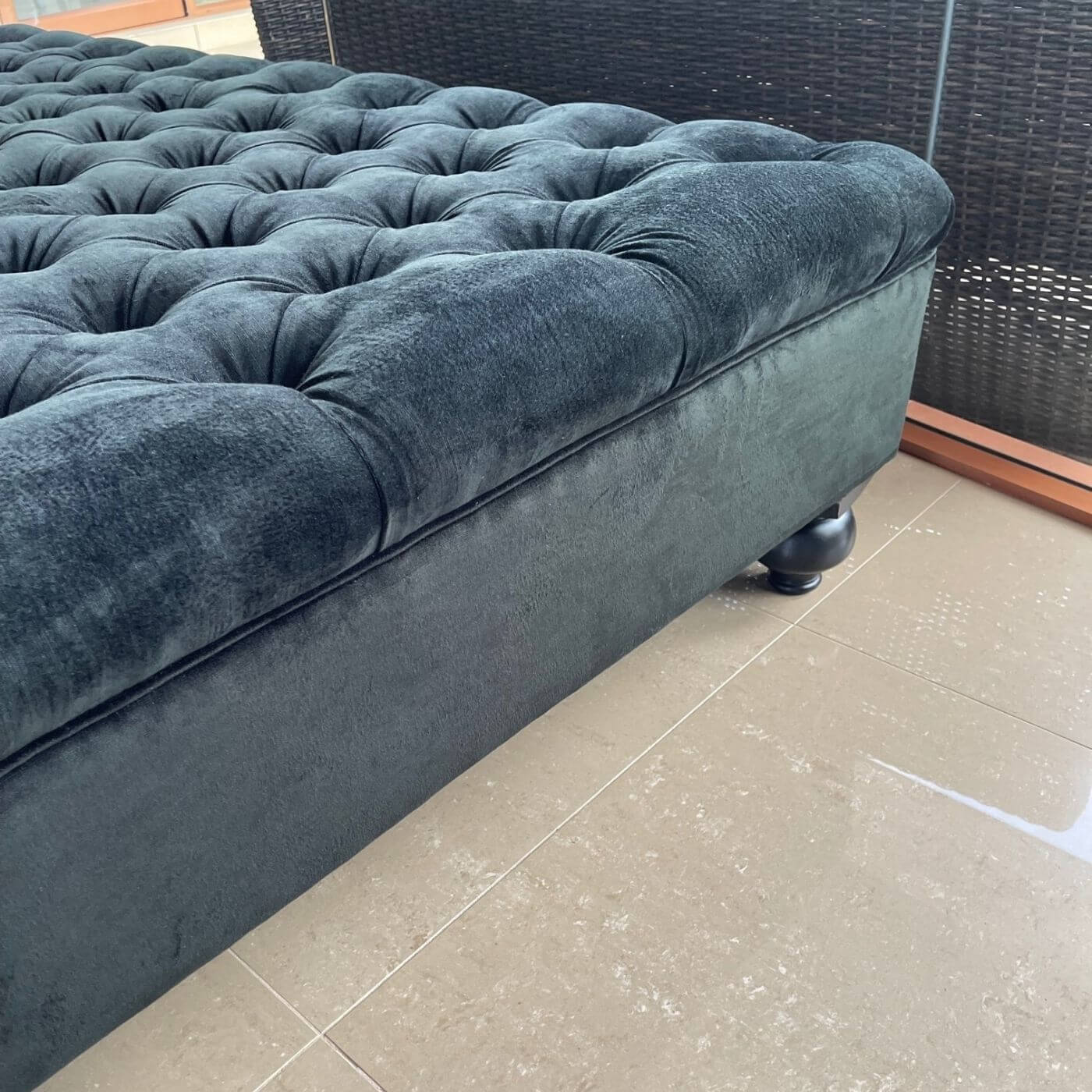 Custom Upholstered Black Velvet Ottoman