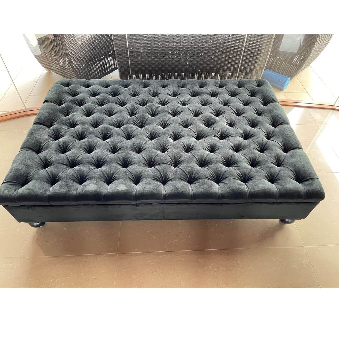 Custom Upholstered Black Velvet Ottoman