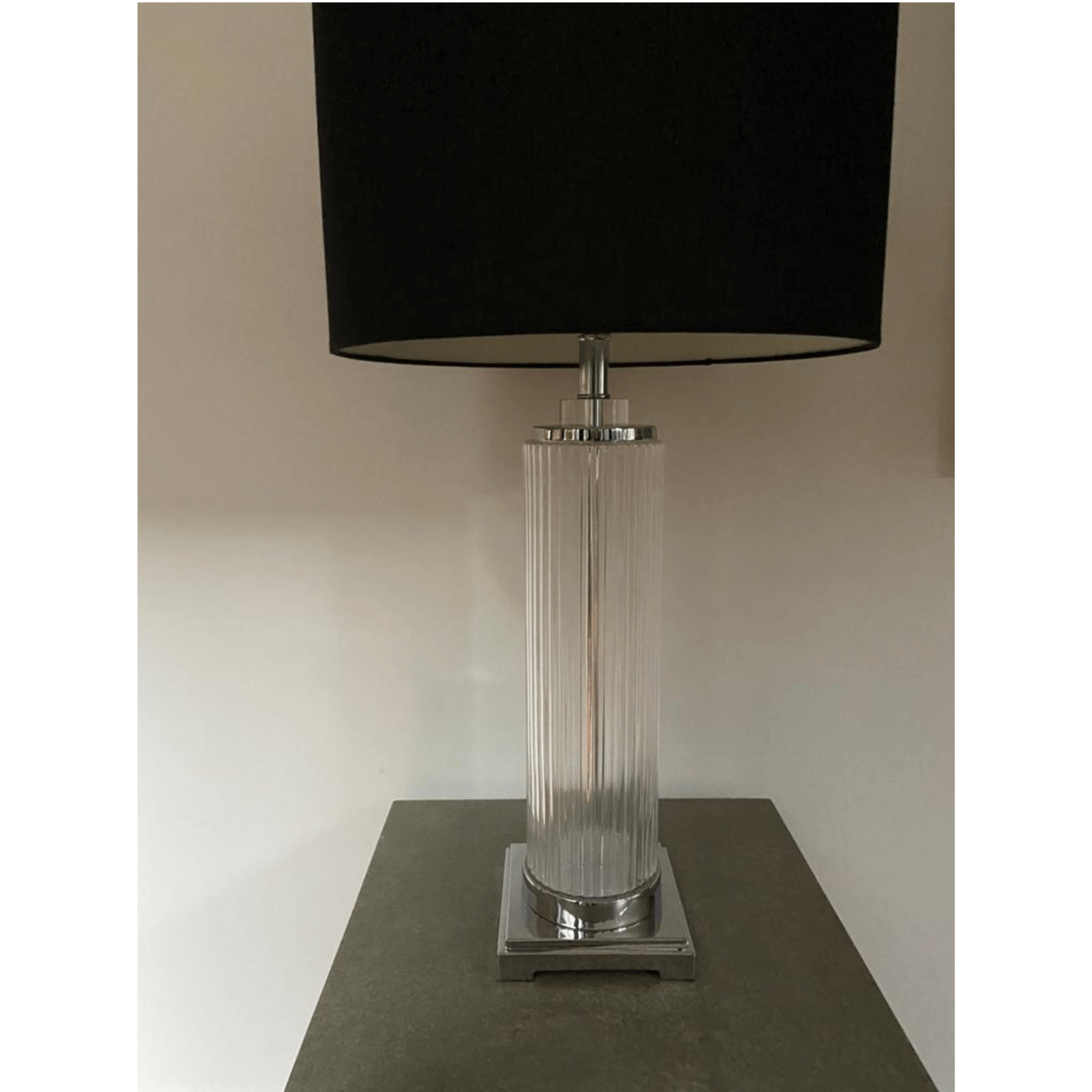 Glass column lamp with black shade