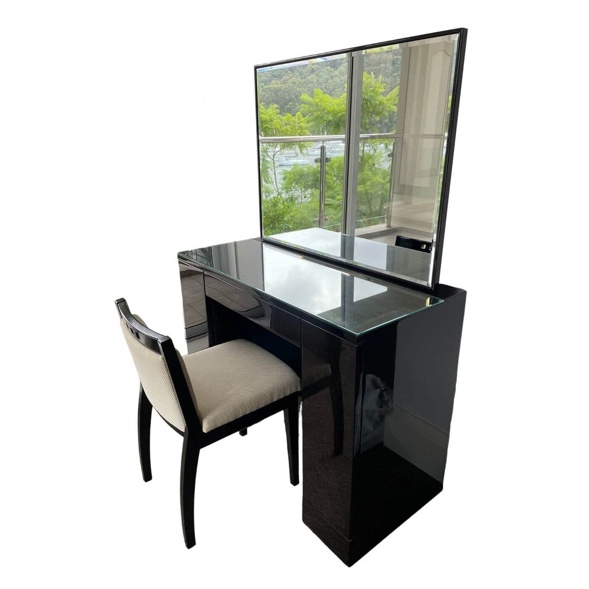 Japanese Black Lacquered Birdseye Maple Bedroom Bureau & Chair
