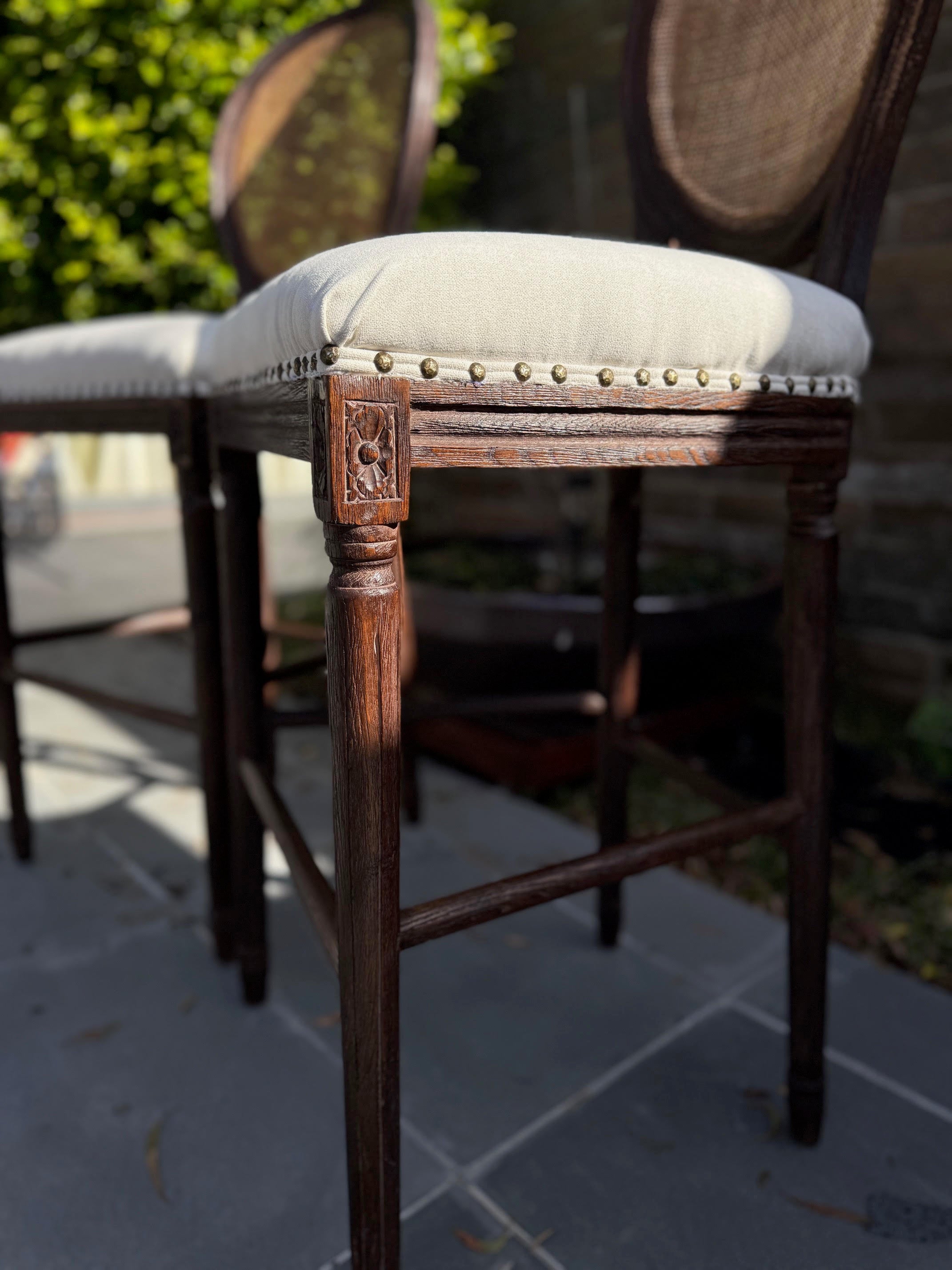 Cane Upholstered Stool, pair