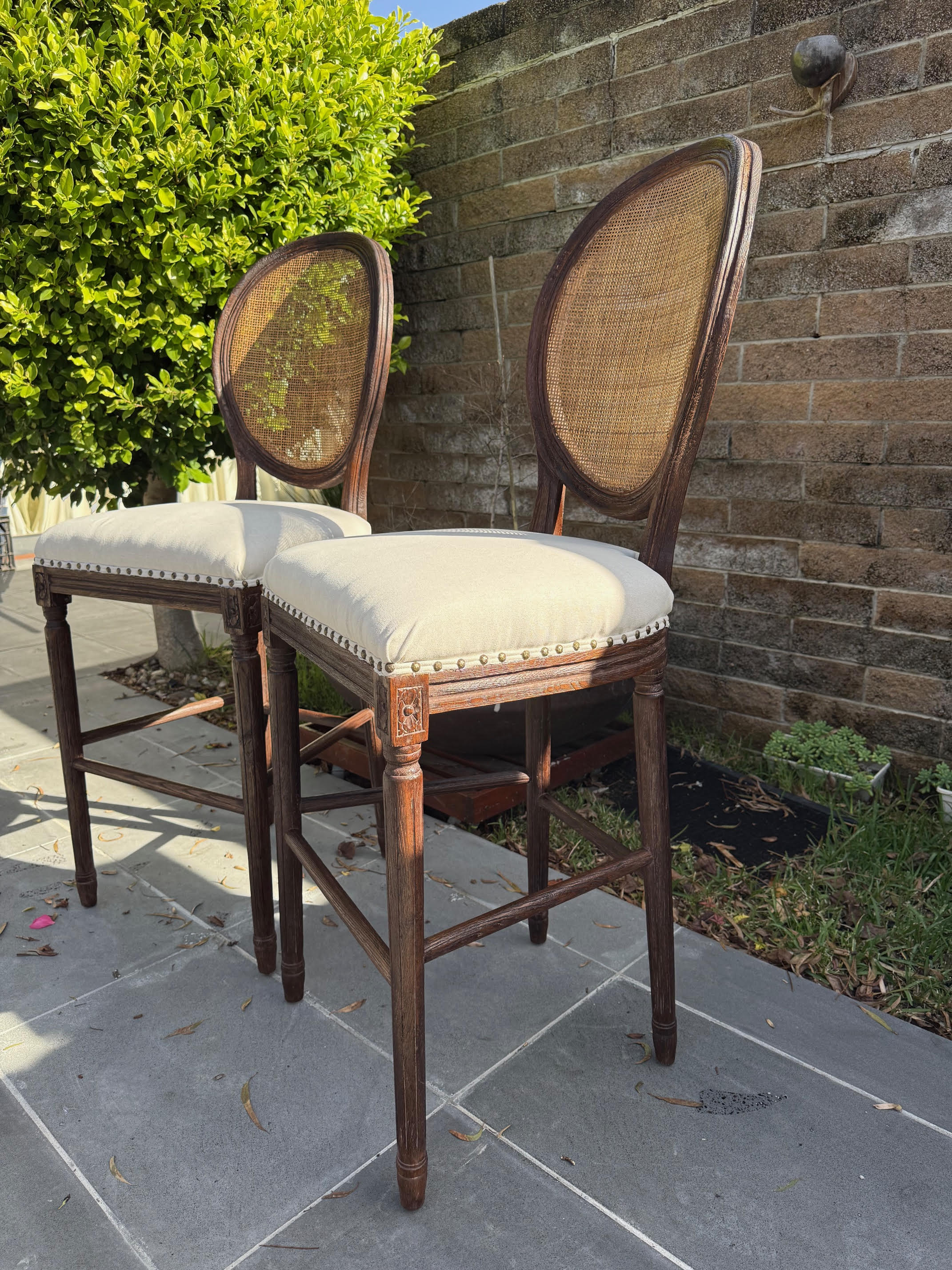 Cane Upholstered Stool, pair